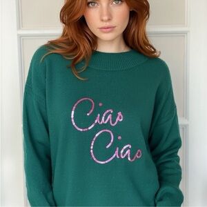 NWT A.New.Day Graphic Sequined Crewneck Sweater Green with Pink Size XS